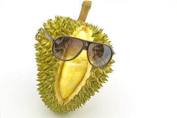 King of fruits, smiling durian and sunglass isolated on white background