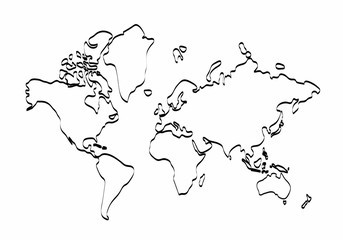 World map outline graphic freehand drawing on white background, vector of Asia, Europe, north, south, america, Australia and africa