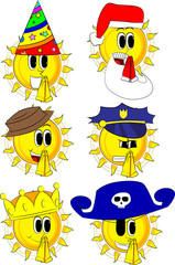 Cartoon sun with praying hands. Collection with costume. Expressions vector set.