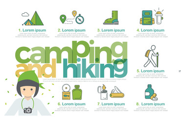 camping and hiking infographics elements icon vector design concept. hiking flat style with thin line art icons camping, compass, hike, forest, knife, flashlight, food and drug. Editable stroke - obrazy, fototapety, plakaty