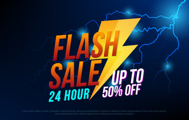 Flash sale bright banner with thunder design template for poster. One day big sale, special offer, clearance. Vector illustrator