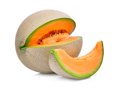 slice of japanese melons, orange melon or cantaloupe melon with seeds isolated on white background