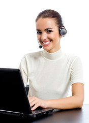 Customer support phone operator with laptop, isolated