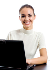 Business woman with laptop, isolated