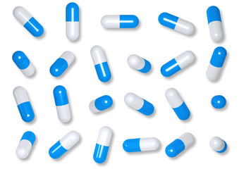 Close up of pills capsule isolated on white background.