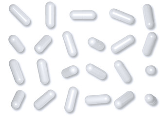 Close up of pills capsule isolated on white background.