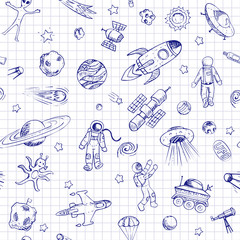 Modèle sans couture de vecteur doodle espace avec des objets spatiaux.