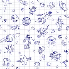 Stof per meter Vector doodle ruimte naadloze patroon met ruimtevoorwerpen. © Nina