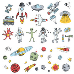 Colorful vector hand drawn doodles cartoon set space objects. Space ships, rockets, planets, flying saucers, cosmonauts, stars, comets, satellites, ufo etc.
