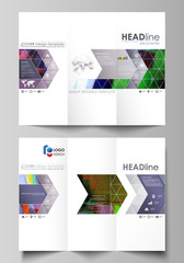 Tri-fold brochure business templates on both sides. Easy editable abstract vector layout in flat design. Glitched background made of colorful pixel mosaic. Digital decay, signal error, television fail