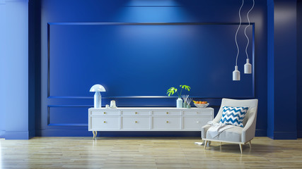 Luxury modern living  interior,blue room ,white  lounge chair with white lamp and white sideboard on wood floor /3d render