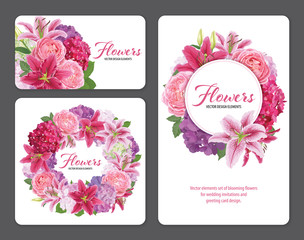 Colorful lilies flower, roses and hydrangea on white background. Vector set of blooming floral for wedding invitations and greeting card design.