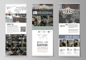 Set of roll up banner stands, flat design templates, abstract geometric style, vertical vector flyers, flag layouts. Colorful background made of dotted texture for travel business, urban cityscape.