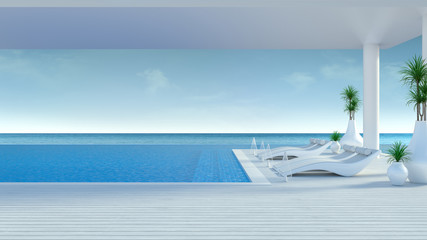 Beach lounge ,sun loungers on Sunbathing deck and private swimming pool at luxury villa/3d rendering