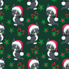 Christmas seamless pattern with the image of little cute kittens in the hat of Santa Claus. Children's vector background.