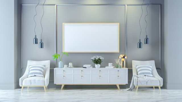Luxury modern living room  interior ,white  lounge chair with gold lamp and white sideboard on mable floor /3d render