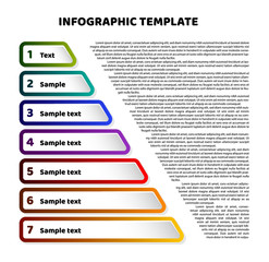 Triangle pyramid infographic template with 7 steps. Sheet chart and text sample. For presentation and design concept. Vector illustration.