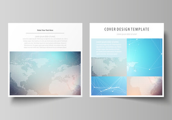The minimalistic vector illustration of editable layout of two square format covers design templates for brochure, flyer, magazine. Molecule structure. Science, technology concept. Polygonal design.