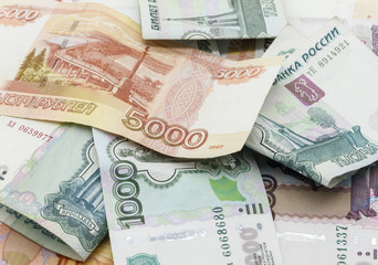 Scattered money close-up, Russian banknotes