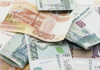 Obraz premium Scattered money close-up, Russian banknotes