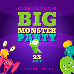 Big monster party card. Invitation poster. Vector template.