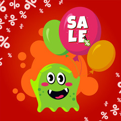 Sale card with cute monster. Promotion balloon shopping discount banner