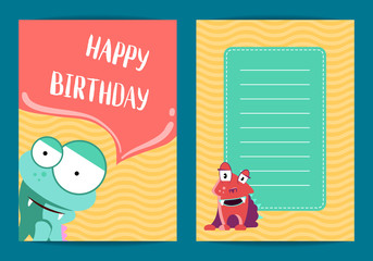 Vector happy birthday card template with cute cartoon monsters on wavy background