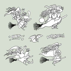 Vector set girls witches on broom with cats. Illustration cheerful, humorous young magician and pet to all saints day. Children party Halloween. Charmers in pointed hats flying and build faces