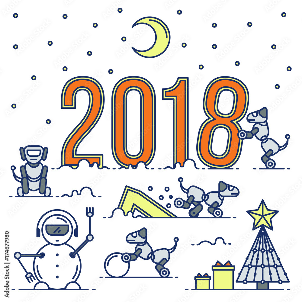 Fototapete future technology new year card. vector modern graphic thin outline illustration in a linear design
