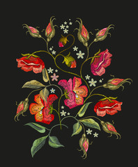 Embroidery roses flowers t-shirt design. Beautiful red roses classical embroidery on black background. Template for clothes, textiles, t-shirt design