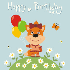 Happy birthday to you! Little girl fox with balloons. Birthday card with fox girl on meadow with flowers in cartoon style.