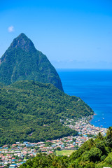 Gros and Petit Pitons near village Soufriere on Caribbean island St Lucia - tropical and paradise landscape scenery on Saint Lucia