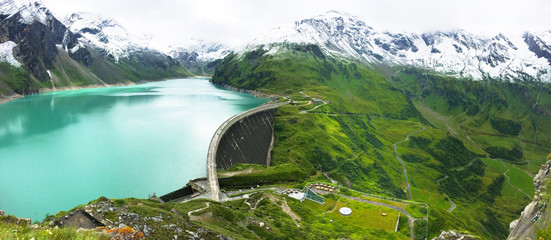 Panorama of alpine dam Mooserboden - obrazy, fototapety, plakaty