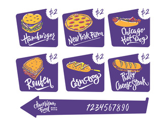 Hand drawn vector illustration popular American Food varieties Corn Dog, Chicago Hot Dog, Hamburger, Philadelphia Cheese Steak, Reuben Sandwich, Mac and Cheese, New York Pizza.