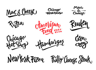 Hand drawn vector illustration popular American Food varieties Corn Dog, Chicago Hot Dog, Hamburger, Philadelphia Cheese Steak, Reuben Sandwich, Mac and Cheese, New York Pizza.