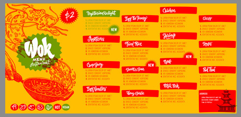 Wok vector drawing with lettering. Isolated chinese box and chopsticks with noodles, vegetables and soy sauce. Hand drawn detailed fast asian food illustration. Great for banner, poster, menu decor