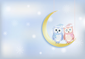 Owl couple and moon with snowflake background, paper art, paper cut style