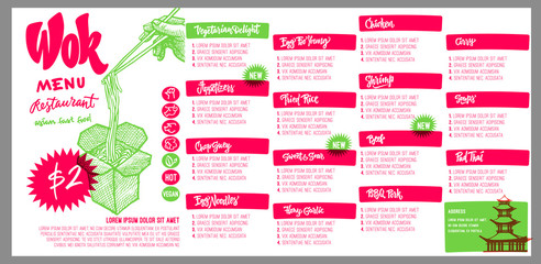 Wok vector drawing with lettering. Isolated chinese box and chopsticks with noodles, vegetables and soy sauce. Hand drawn detailed fast asian food illustration. Great for banner, poster, menu decor