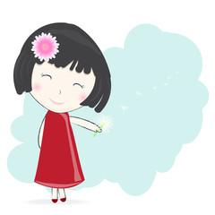 Girl with dandelion flower on green background