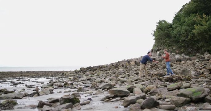 Father and Son looking at shells in rockpool on beach