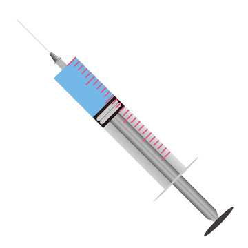 Medical syringe filled with blue liquid, vector.