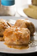 Closeup macro of served sarma cabbage stuffed with minced meat on the plate