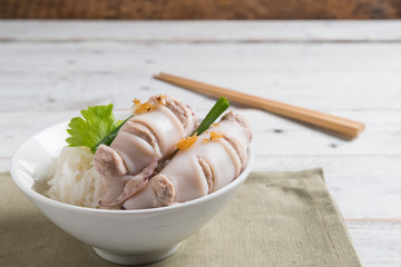 Steamed stuffed  squid and pork  and steamed rice