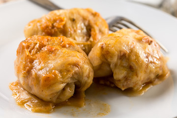 Closeup macro of served sarma cabbage stuffed with minced meat on the plate