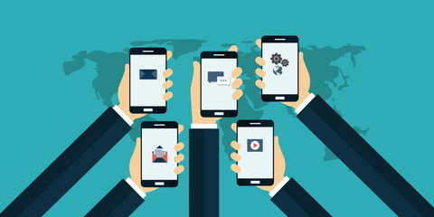 Mobile applications concept. Hands with phones. Flat vector illustration. - obrazy, fototapety, plakaty