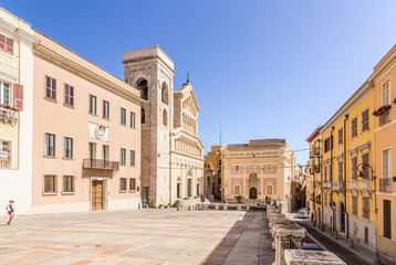 Cagliari, Sardinia, Italy. The house of the Archbishop (earlier 1300), the cathedral (XIII century) and the old town hall (XIV century) on the Palace Square