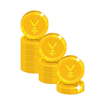 Piles gold Chinese yuan or Japanese yen isolated cartoon icon. Three heaps of gold yuan or yen and yuan or yen signs for designers and illustrators. Gold stacks of pieces vector illustration