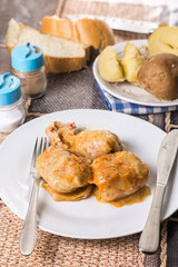 Flat lay above served cabbage stuffed with minced meat sarma with cooked potatoes