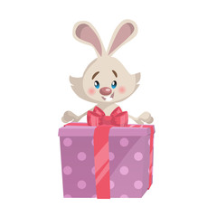 Cartoon trendy style cute  laughing bunny mascot with big pink gift box icon. Simple gradient vector illustration.