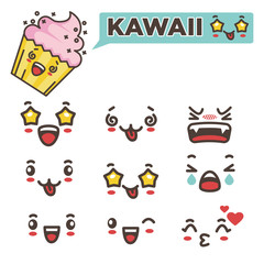 Kawaii faces with positive and negative emotions set